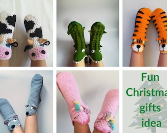 Animal home slippers as fun kids gifts, socks eating your feet as unique Christmas gift