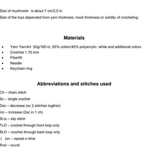 May include: A list of materials and abbreviations used for crocheting. The materials include YarnArt yarn, a 1.75 mm crochet hook, fiberfill, a needle, and a keychain ring. The abbreviations include Ch for chain stitch, Sc for single crochet, Dec for decrease, Inc for increase, Sl.st for slip stitch, FLO for crochet through front loop only, BLO for crochet through back loop only, ()xn for repeat n-time, and Rnd for round.