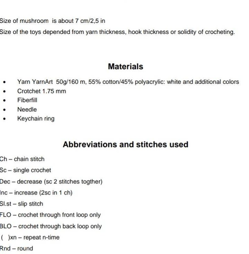 May include: A list of materials and abbreviations used for crocheting. The materials include YarnArt yarn, a 1.75 mm crochet hook, fiberfill, a needle, and a keychain ring. The abbreviations include Ch for chain stitch, Sc for single crochet, Dec for decrease, Inc for increase, Sl.st for slip stitch, FLO for crochet through front loop only, BLO for crochet through back loop only, ()xn for repeat n-time, and Rnd for round.