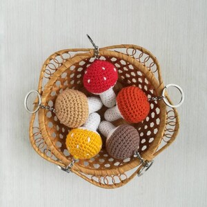 May include: Five crocheted mushroom keychains in a wicker basket. The mushrooms are red, orange, yellow, brown, and beige. Each mushroom has a white stem.