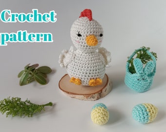 Crochet pattern Easter set with Hen, Basket and Eggs, Amigurumi Hen PDF pattern