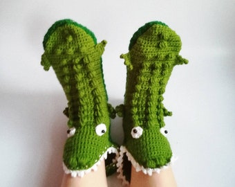 Crocodile home slippers as gift for kids, Alligator socks eating your feet as fun Valentine's gift