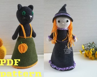 Crochet pattern Double sided toy as Halloween gift idea, Amigurumi tutorial Witch and Cat as reversible toy