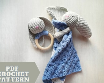 Crochet bunny patterns baby toys set as Easter gift, crochet rattle and comforter PDF instruction