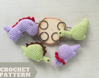 Crochet keychains pattern 4 little Dinosaurs  as fun gift, easy cute amigurumi pattern