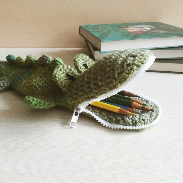 Animal pencil case as crocodile toy for schoolchild, crochet soft school purse as gift for boy