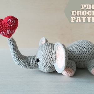 Häkelanleitung Elefant als Valentinstagsgeschenk, englisch PDF Anleitung Amigurumi Dschungeltier