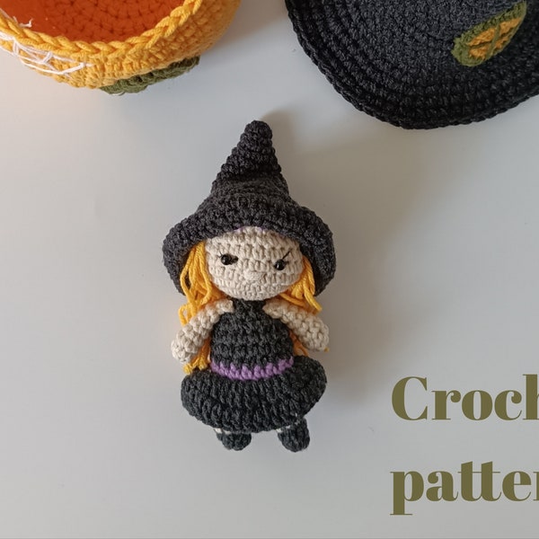 Crochet pattern mini Witch doll as Halloween gift idea, Easy to Follow Amigurumi tutorial