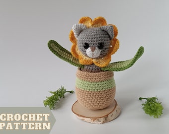 Crochet Pattern Flower Cat as Mother's Day gift, Fun Sunflower Kitten in Pot PDF tutorial as toy for kids