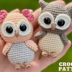 Pode incluir: Dois brinquedos de amigurumi de coruja feitos de crochê. Uma coruja é rosa e cinza com laços rosa na cabeça. A outra coruja é marrom e bege. Ambas as corujas têm olhos pretos grandes e pálpebras brancas.