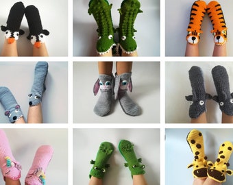 Animal home slippers as fun kids gifts, socks eating your feet as unusual Christmas gift