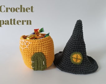 Haakpatroon Heksenhuis als cadeau-idee voor Halloween, eenvoudig te volgen Amigurumi-tutorial Mand voor snoepjes