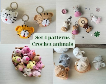 SET 4 Animals Crochet patterns, easy English PDF instruction for amigurumi pig, cow, tiger, mouse