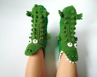 Crocodile home slippers as gift for kids, Alligator socks eating your feet as fun Christmas gift