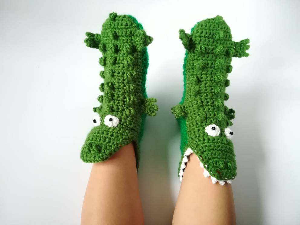 Crocodile home slippers as gift for kids, Alligator socks eating your feet as fun Christmas gift