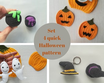 Crochet pattern 4 Halloween souvenirs as little gift, easy cute amigurumi pattern for keychains and coasters