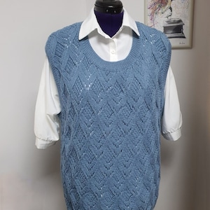Elegant Hand-knit Pure Wool Women's Long Openwork Blue Vest