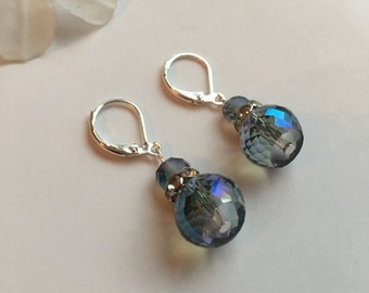 Purple/Blue Iridescent Glass Drop Earrings - Dangle Drop, Sparkly, Silver Leverback