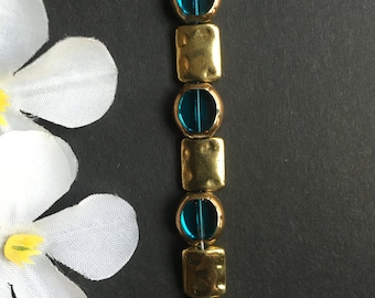 Turquoise and Gold Translucent Bracelet -Turquoise Bracelet, Gold Bracelet, Glass Bead Bracelet, Beaded Bracelet, Sparkly Bracelet, Under 25