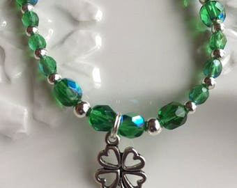 St. Patrick's Day Shamrock Bracelet - Green Bracelet Shamrock Bracelet Silver Bracelet Glass Bead Bracelet  Handmade Under 25