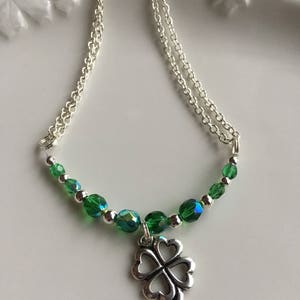 St. Patrick&#39;s Day Shamrock Necklace - Green Necklace Shamrock Necklace Silver Necklace Glass Bead Necklace   Handmade Under 30