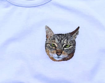 Custom Cat Portrait T-Shirt, Hand Embroidered Pet Shirt from Photo, Personalized Cat Lover Gift