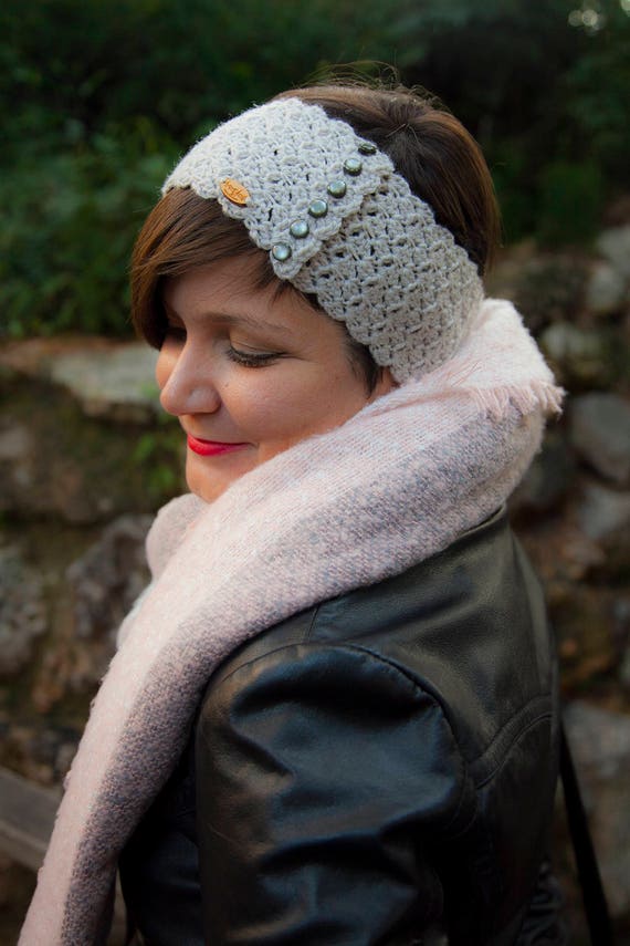 Crochet Headwrap for Women Grey Wool Headwrap Buttoned Etsy