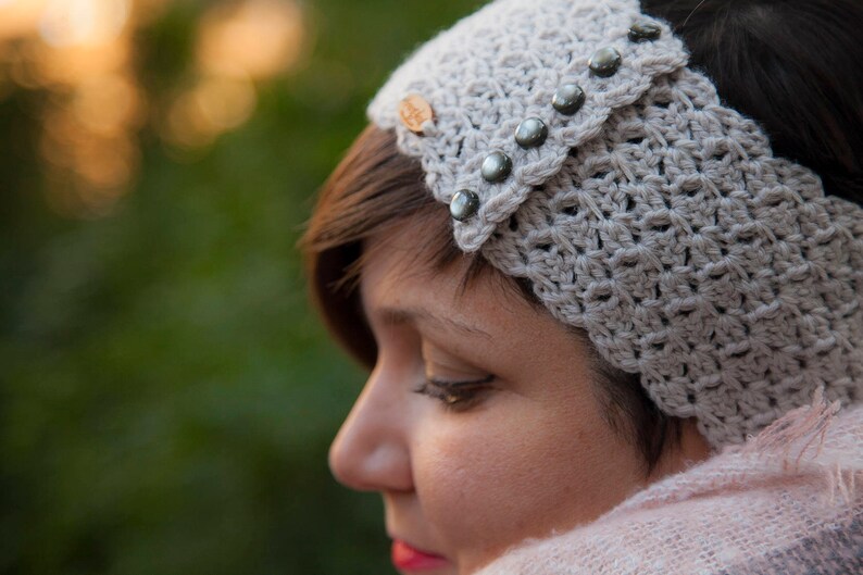 Crochet Headwrap for Women Grey Wool Headwrap Buttoned Etsy