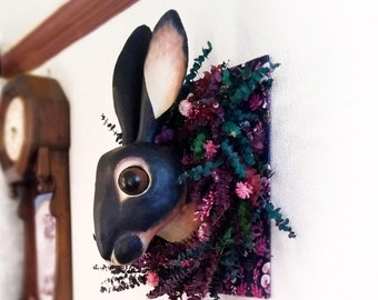 Dark Bohemian Rabbit Wreath,  Boho Bunny Wall Hanging,  Black Rabbit Wall Hanging