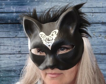 Fancy Black Cat Paper Pulp Mask,  Black Masquerade Cat Mask