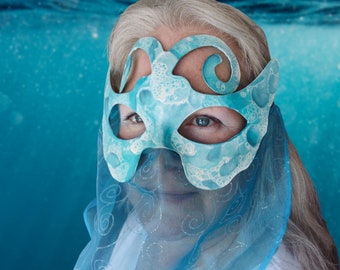 Mermaid Masquerade Mask with Veil, Shimmery Blue Half Mask