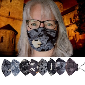 Black 3D Halloween Face Mask with Ravens, Black Cats, Moons in Trees, Skeletons, Ghosts and more, Adjustable Cotton Mask with Nose Wire