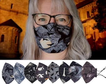 Black 3D Halloween Face Mask with Ravens, Black Cats, Moons in Trees, Skeletons, Ghosts and more, Adjustable Cotton Mask with Nose Wire