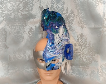 Abstract Fluid Art Feathered Masquerade Mask – Upcycled Acrylic Pour