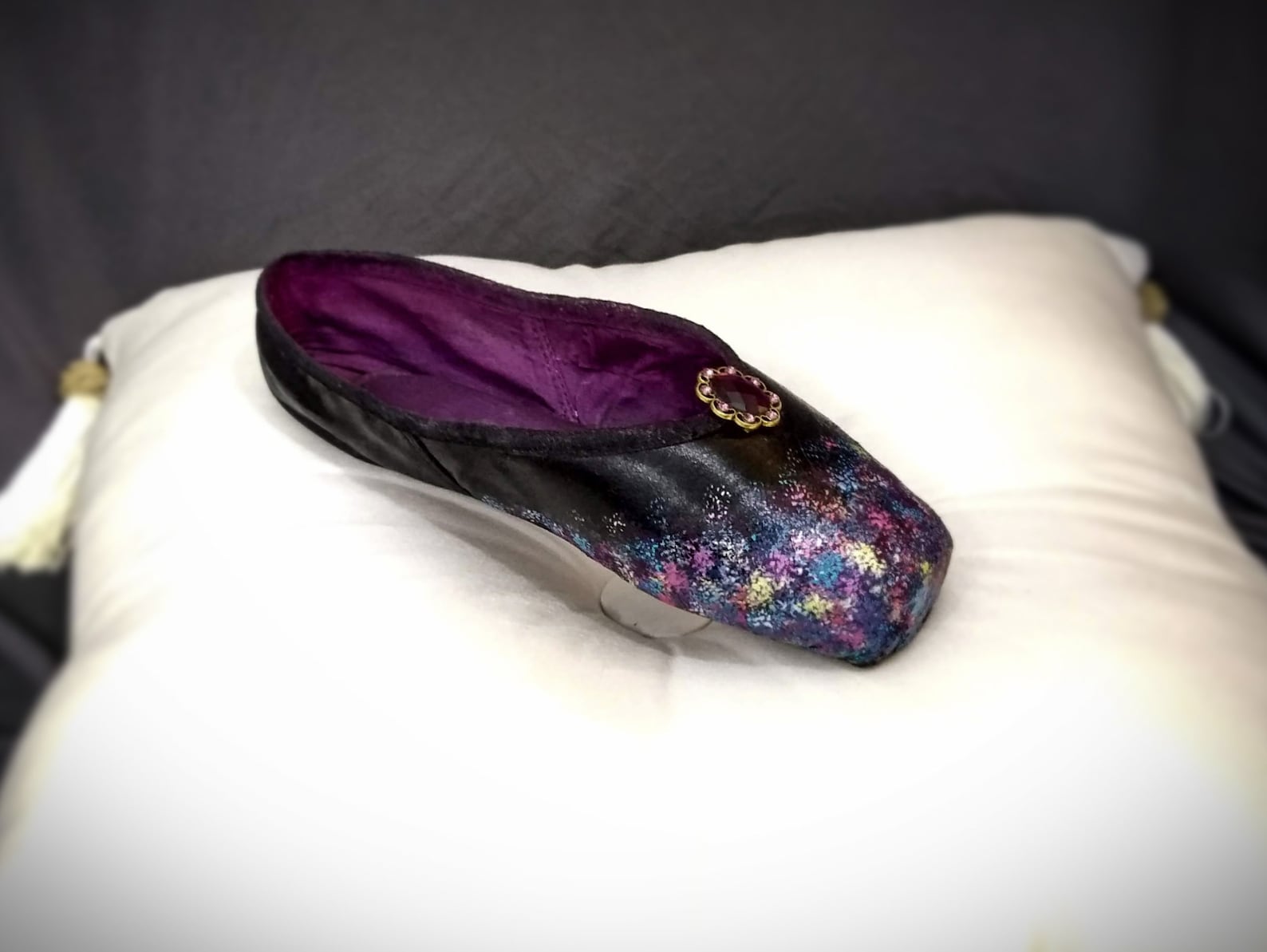 unique black fairy shoe, unique ballet gift, unique purple gift, black fairy magic, black fairy decorated pointe, fairy gifts, f