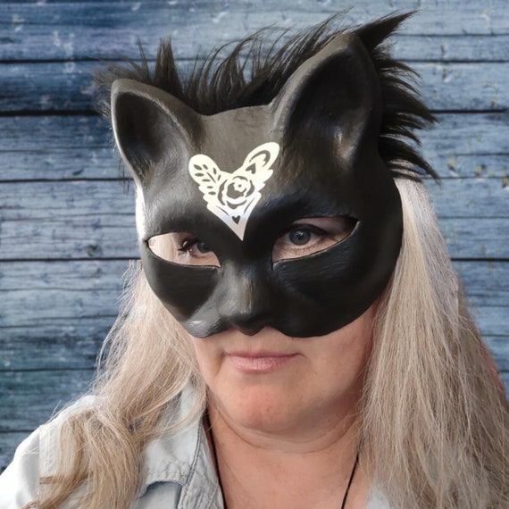 Fancy Black Cat Paper Pulp Mask, Black Masquerade Cat Mask