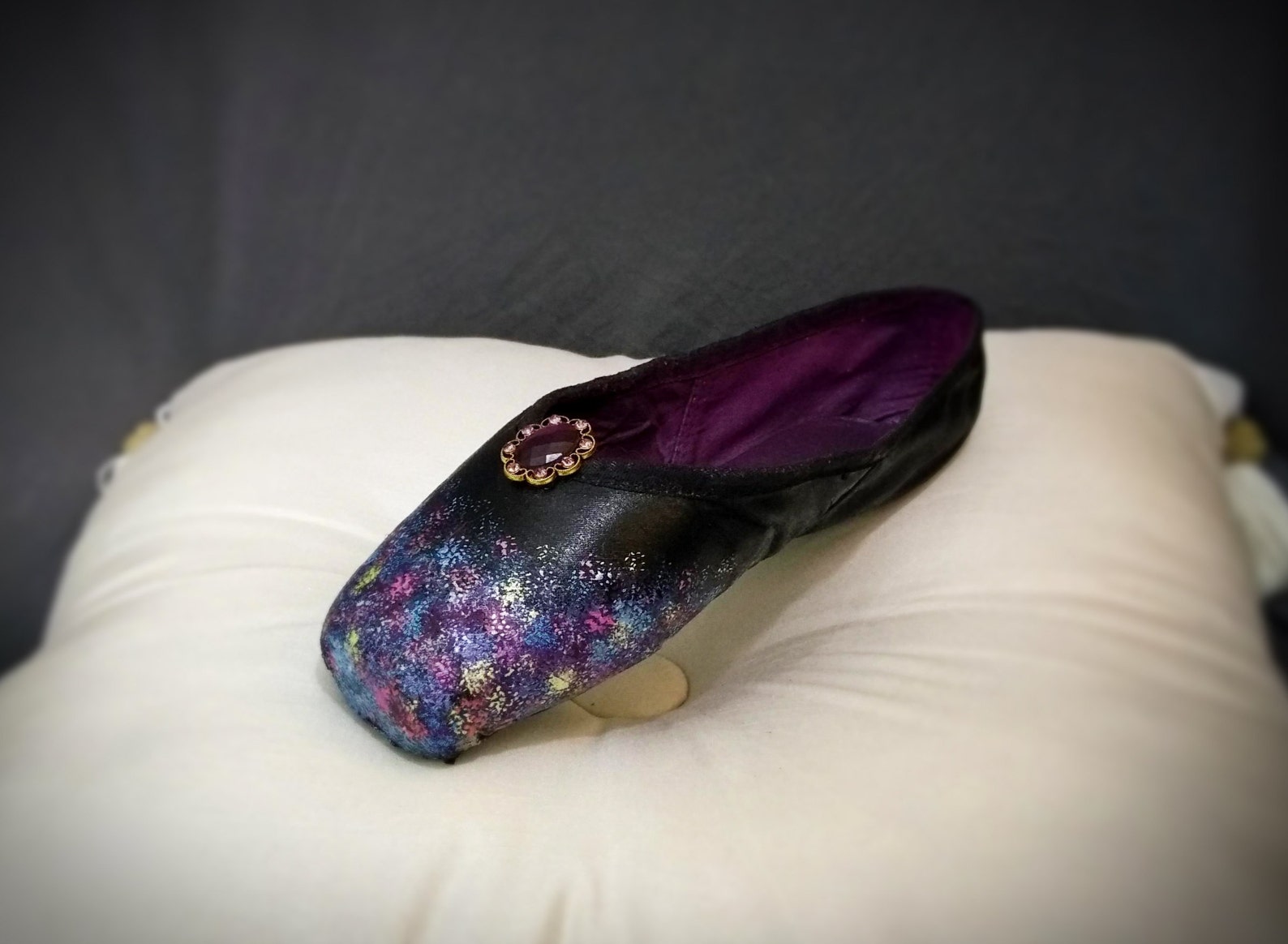 unique black fairy shoe, unique ballet gift, unique purple gift, black fairy magic, black fairy decorated pointe, fairy gifts, f