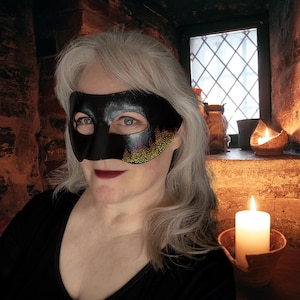 Handpainted Vegan Masquerade Mask: Black Flame Dot Art, Pirate Cosplay