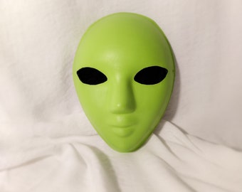 Green Alien Paper Pulp Party Mask with Black Eye Screens, Fits Medium to Small Adult Faces Best, Hand Painted and Eyescreens Installed