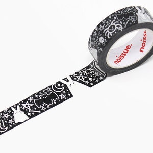 May include: Black and white washi tape with a Halloween theme. The tape features a variety of spooky designs, including bats, ghosts, stars, and crosses. The tape is labeled "noissue."