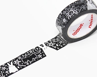 May include: Black and white washi tape with a Halloween theme. The tape features a variety of spooky designs, including bats, ghosts, stars, and crosses. The tape is labeled "noissue."