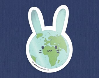 Bunny Planet Sticker | 3" | Kawaii Earth laptop sticker, Space aesthetic sticker, Galaxy globe vinyl flake sticker, Cute rabbit stationery