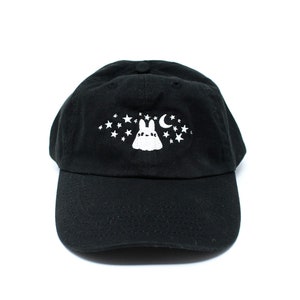 Embroided Ghost Rabbit Dad Cap Yami kawaii clothing, Emo accessory, Spooky aesthetic, Paranormal embroidery, Celestial art, Outer space image 1