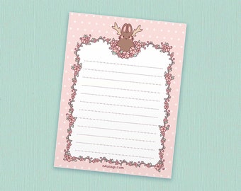 Woodland Aesthetic Notepad | 4” x 5.5” | Jackalope antlers memo pad, Floral lined paper for letter writing, Fantasy art, Nature gift, Usagi