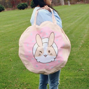 16" kawaii round strawberry donut nikusagi cute bunny rabbit pastel fairy kei style japanese anime inspired usagi food tote bag purse