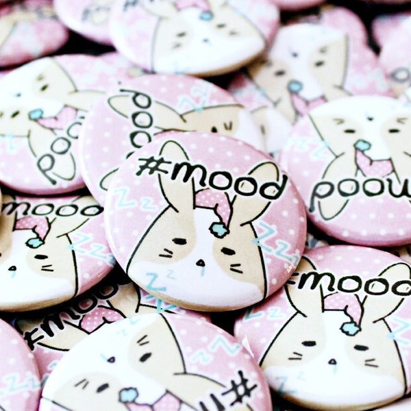 Sleepy Button Badge | 1.25" | Fairy kei pinback button, Kawaii rabbit button, Cute bunny pin, Funny relatable pin, Pastel pink aesthetic pin