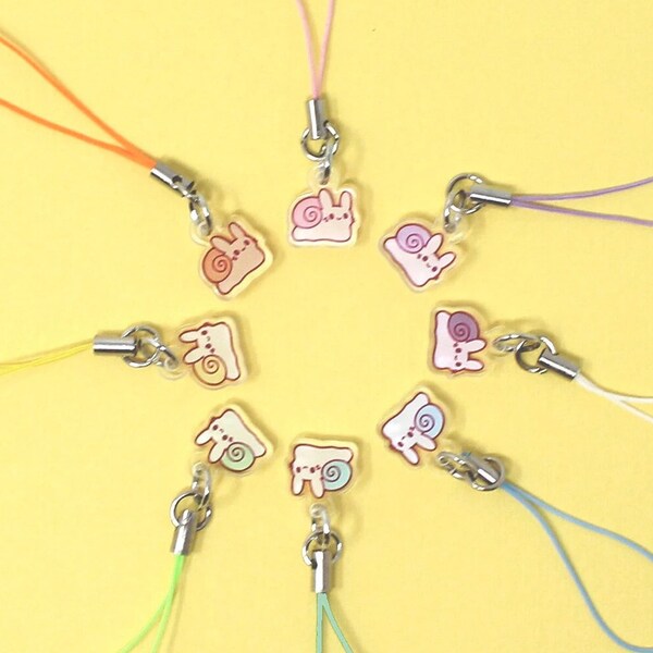 Snail Bunny Mini Phone Charm | 8 Colors | Cute chibi acrylic keychain, Insect zipper pull, Unique bug present, Fairycore, Pastel cartoon art