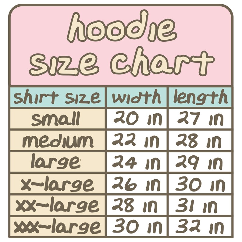 Size chart for nikusagi hoodies. Available in mens and standard unisex sizes.