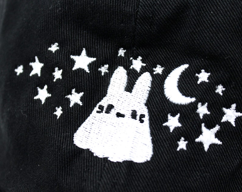 Embroided Ghost Rabbit Dad Cap Yami kawaii clothing, Emo accessory, Spooky aesthetic, Paranormal embroidery, Celestial art, Outer space image 7
