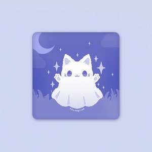 May include: A white ghost cat with blue eyes and a pink nose floats in the air against a purple night sky with a crescent moon and stars. The text "riku.sagi.com" is at the bottom of the image.